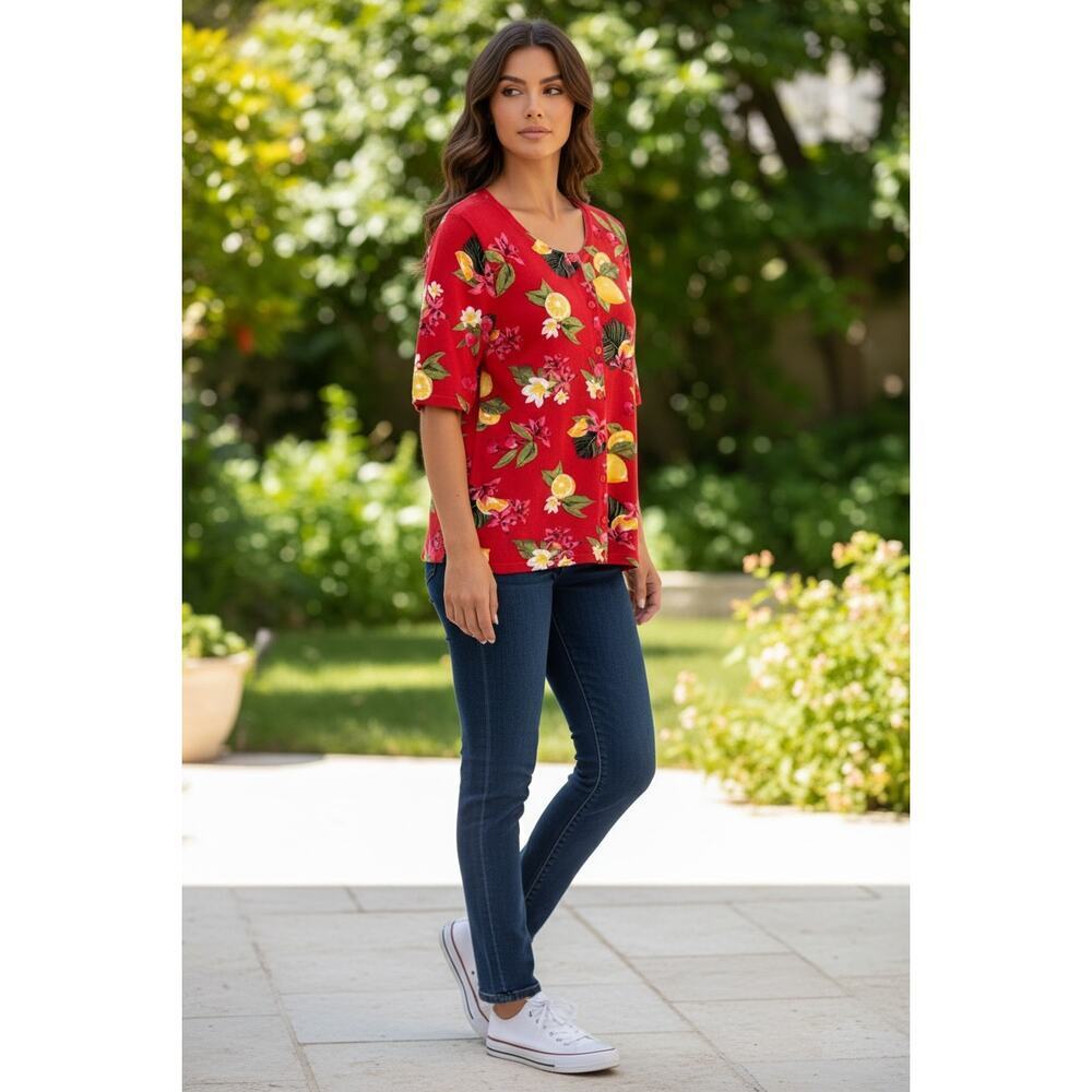 Christopher & Banks Lemon Floral Cardigan Red Fruit Print Button Front - Picture 3 of 8